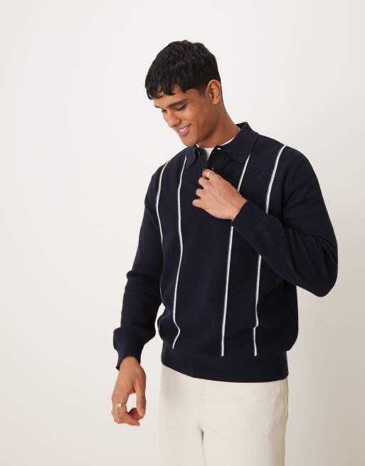 ASOS DESIGN - Marineblå og strikket polotrøje med stribede detaljer og afslappet pasform