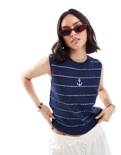 ASOS DESIGN - Marineblå og strikket tanktop med takkede syninger og hvide striber