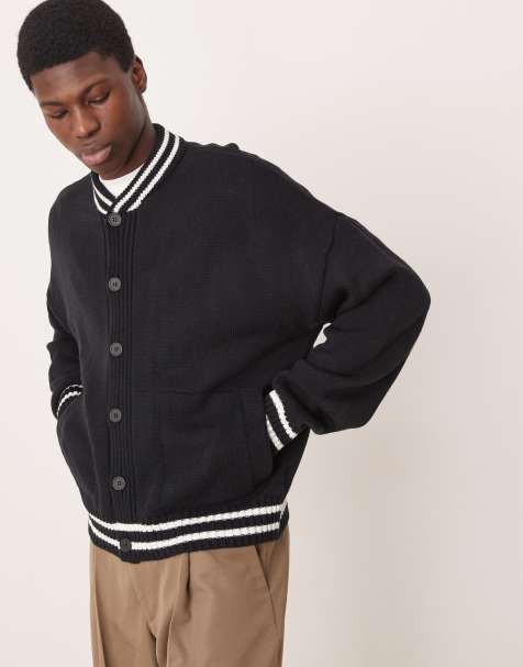 ASOS DESIGN - Marineblå oversized bomber-jakke i strik med firkantet pasform og hvide kantstriber - view 1