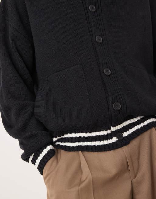 ASOS DESIGN - Marineblå oversized bomber-jakke i strik med firkantet pasform og hvide kantstriber, 2 af 4