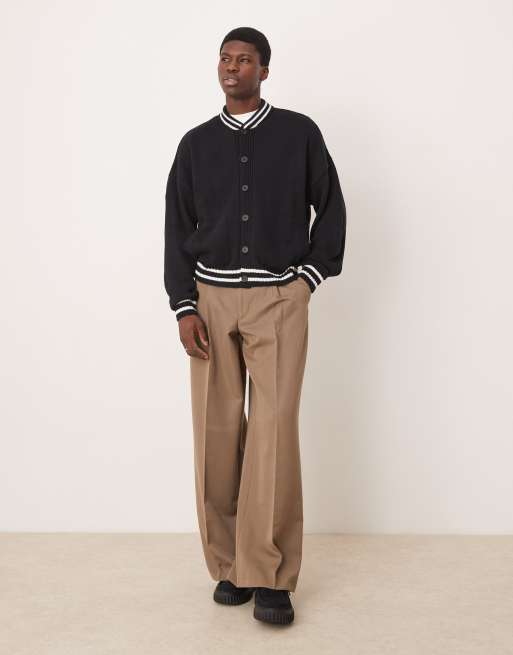 ASOS DESIGN - Marineblå oversized bomber-jakke i strik med firkantet pasform og hvide kantstriber, 3 af 4