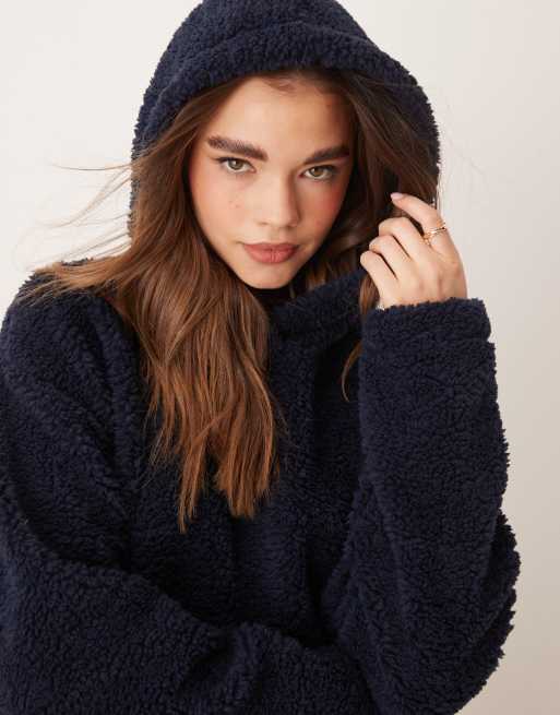 ASOS DESIGN - Marineblå oversized hættetrøje i imiteret lammeskind