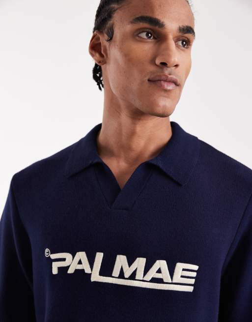 ASOS DESIGN - Marineblå oversized polo i strik med hak i halsen og PALMAE-grafik, 3 af 5