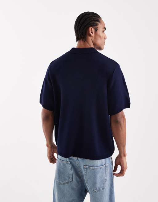 ASOS DESIGN - Marineblå oversized polo i strik med hak i halsen og PALMAE-grafik, 4 af 5