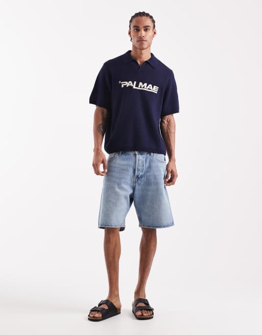 ASOS DESIGN - Marineblå oversized polo i strik med hak i halsen og PALMAE-grafik, 5 af 5