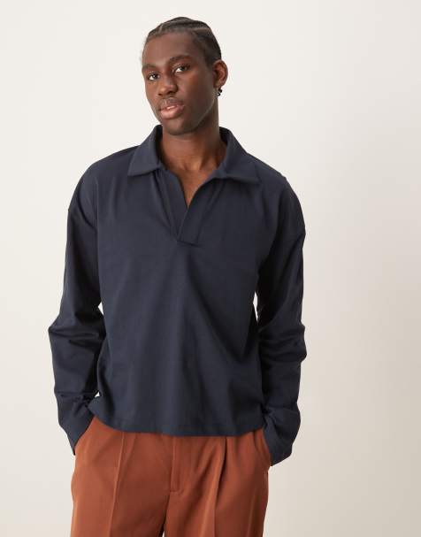 ASOS DESIGN - Marineblå oversized polo med dyb V-hals og lange ærmer i firkantet pasform - view 1