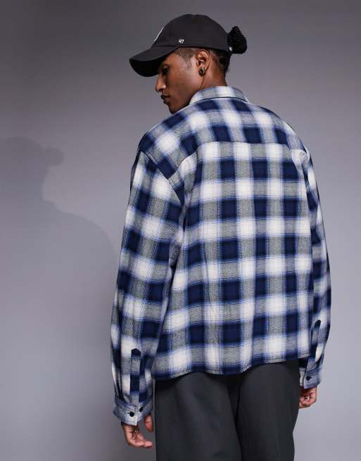 ASOS DESIGN - Marineblå oversized skjorte med tern og broderi på brystet i firkantet pasform, 4 af 4