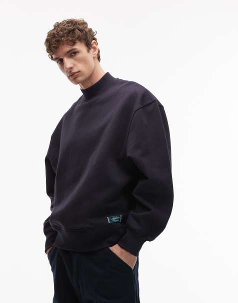 ASOS DESIGN - Marineblå oversized sweatshirt med høj hals og vævet logomærke i kraftigt stof på 400 gsm - view 1