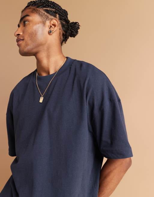 ASOS DESIGN - Marineblå oversized T-shirt i hørblanding med lavtsiddende skuldre  , 4 af 4