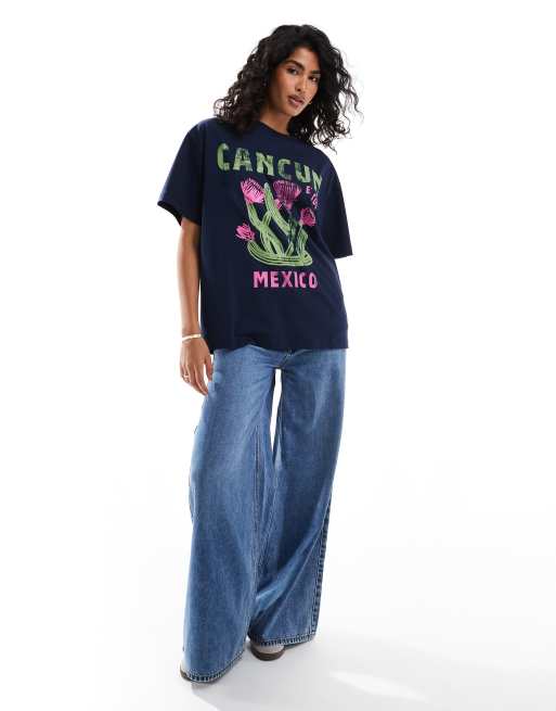 ASOS DESIGN - Marineblå oversized t-shirt med 'Cancun'-grafik