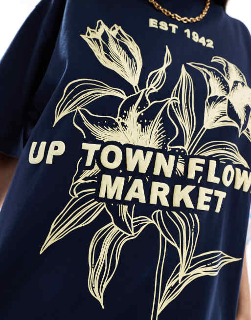 ASOS DESIGN - Marineblå oversized T-shirt med grafisk 'Flower Market'-print, 3 af 4