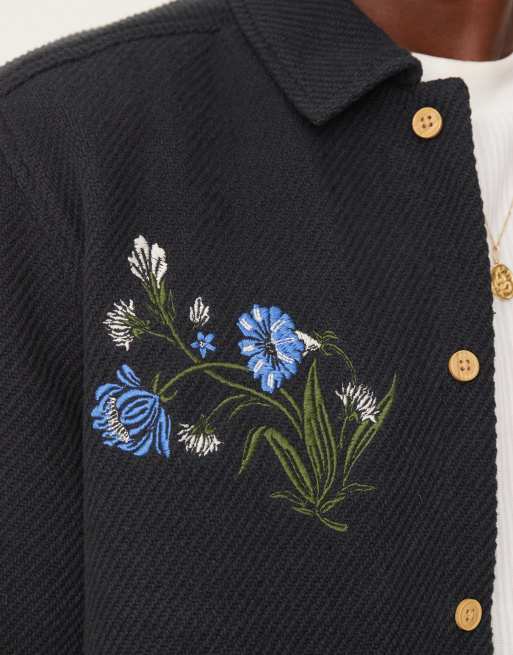 ASOS DESIGN - Marineblå overskjorte med blomsterbroderi og firkantet pasform, 3 af 4