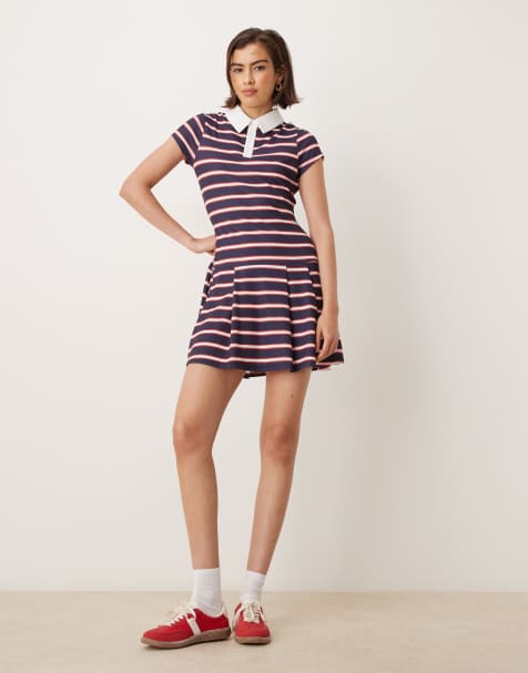 ASOS DESIGN - Marineblå polo-minikjole med korte ærmer, plisseret nederdel og striber - view 1