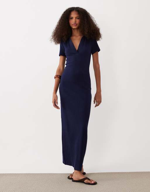 ASOS DESIGN - Marineblå ribstrikket polo-midikjole med korte ærmer, 2 af 4