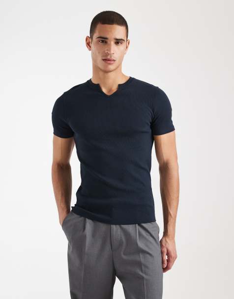 ASOS DESIGN - Marineblå ribstrikket T-shirt med tætsiddende pasform og hakudskæring i halsen - view 1