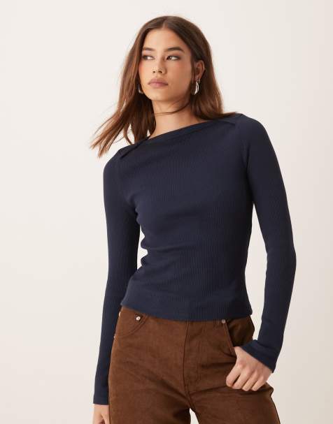 ASOS DESIGN - Marineblå ribstrikket top med bådudskæring og brede syninger - view 1