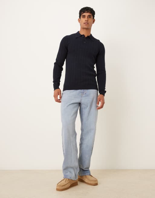 ASOS DESIGN - Marineblå ribstrikket tætsiddende poloskjorte med lange ærmer, 2 af 5