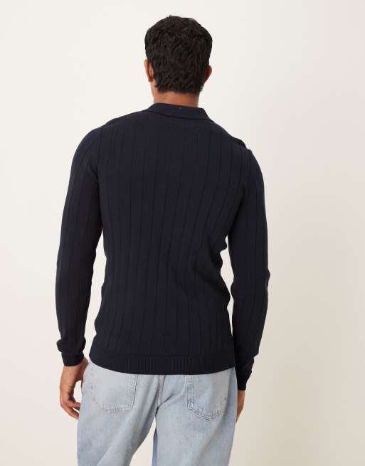 ASOS DESIGN - Marineblå ribstrikket tætsiddende poloskjorte med lange ærmer, 3 af 5