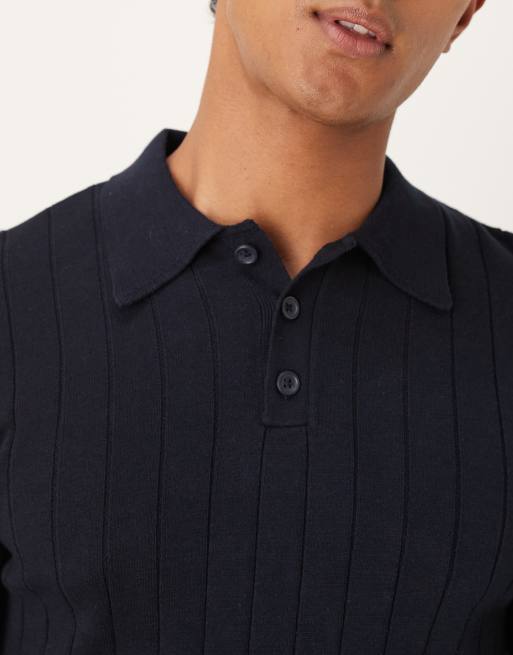 ASOS DESIGN - Marineblå ribstrikket tætsiddende poloskjorte med lange ærmer, 5 af 5