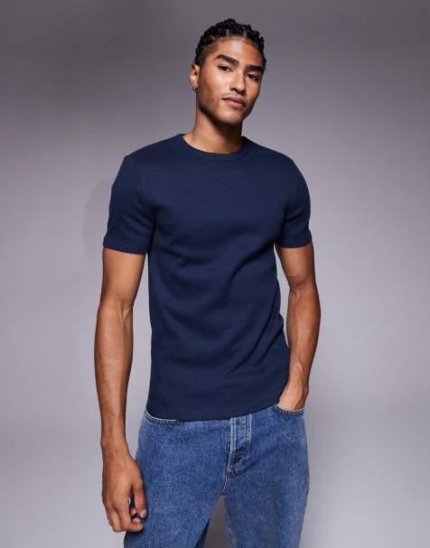 ASOS DESIGN - Marineblå ribstrikket tætsiddende T-shirt i superkraftigt stof - view 1