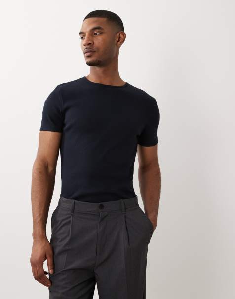ASOS DESIGN - Marineblå ribstrikket tætsiddende T-shirt i superkraftigt stof - view 1