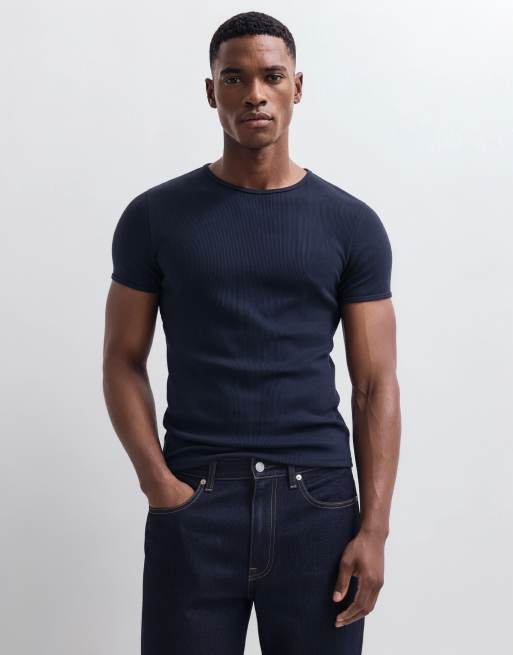 ASOS DESIGN - Marineblå ribstrikket tætsiddende T-shirt i superkraftigt stof, 6 af 10