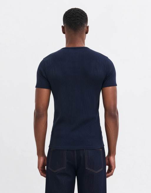ASOS DESIGN - Marineblå ribstrikket tætsiddende T-shirt i superkraftigt stof, 8 af 10