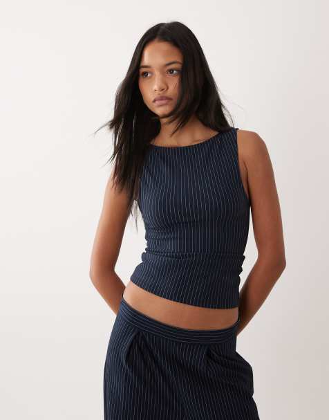 ASOS DESIGN - Marineblå ærmeløs jerseytop med bådudskæring og striber - Del af sæt - view 1