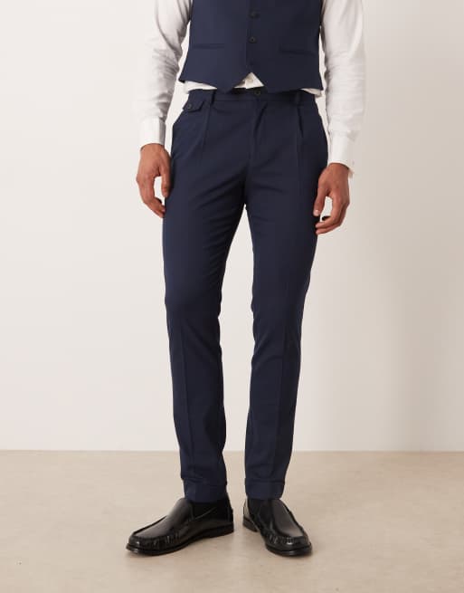 ASOS DESIGN - Marineblå skinny-habitbukser med sildebensmønster i flonel, 2 af 5