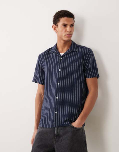 ASOS DESIGN - Marineblå skjorte i hørblanding med regular fit-pasform og striber - view 1
