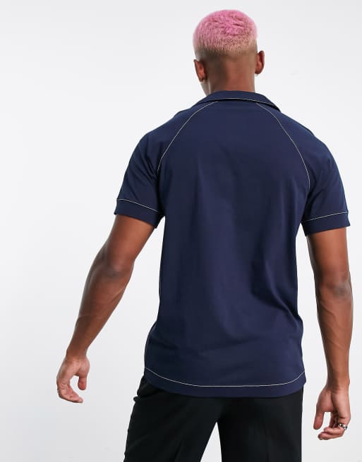 ASOS DESIGN - Marineblå skjorte med kontrastfarvede syninger i jersey, 2 af 4