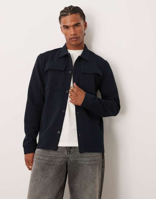 ASOS DESIGN - Marineblå skjortejakke med gennemgående knapper og tekstur i jersey