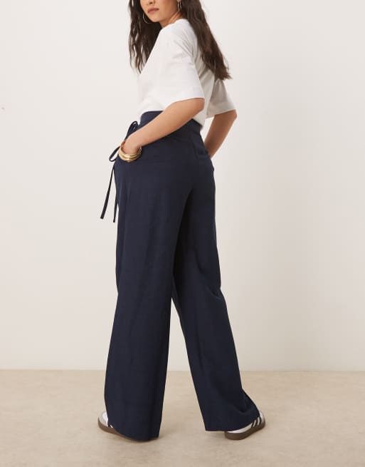 ASOS DESIGN - Marineblå skræddersyede bukser med slå-om-bindebånd i hørblanding, 3 af 5