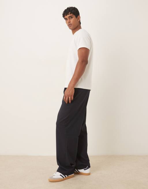 ASOS DESIGN - Marineblå skræddersyede pull on-bukser med brede ben og nålestriber samt elastisk talje - Del af sæt, 3 af 5