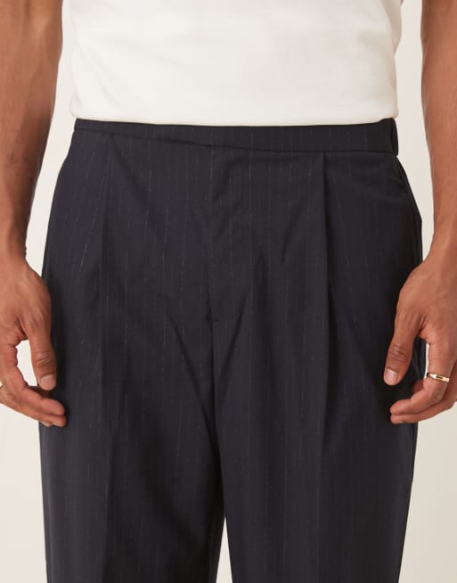 ASOS DESIGN - Marineblå skræddersyede pull on-bukser med brede ben og nålestriber samt elastisk talje - Del af sæt, 4 af 5