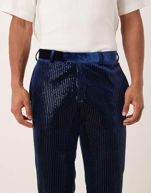 ASOS DESIGN - Marineblå slim fit-bukser i velour med pailletter, 4 af 5