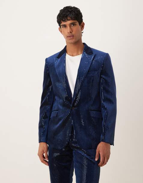 ASOS DESIGN - Marineblå slim fit-habitjakke i velour med pailletter - view 1