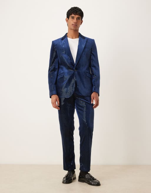 ASOS DESIGN - Marineblå slim fit-habitjakke i velour med pailletter, 2 af 5
