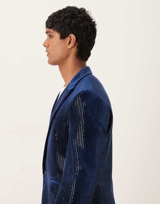ASOS DESIGN - Marineblå slim fit-habitjakke i velour med pailletter, 4 af 5