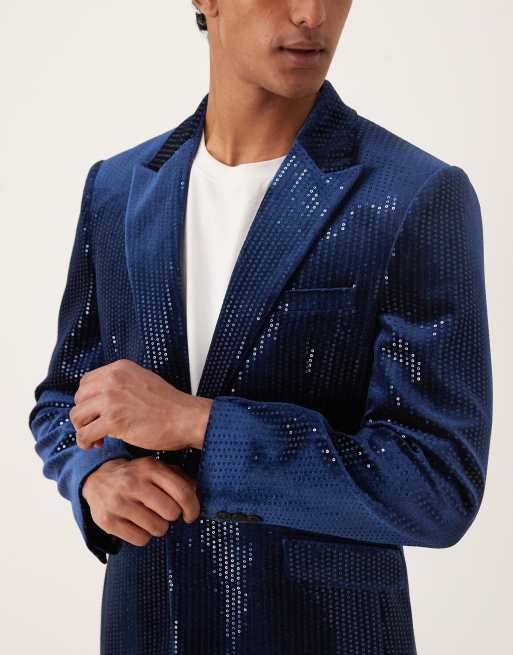 ASOS DESIGN - Marineblå slim fit-habitjakke i velour med pailletter, 5 af 5