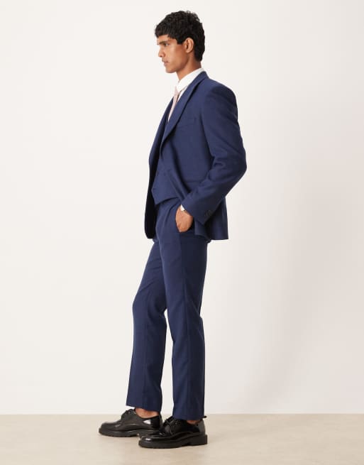 ASOS DESIGN - Marineblå slim-habitbukser i uldblanding med sildebensmønster, 3 af 5