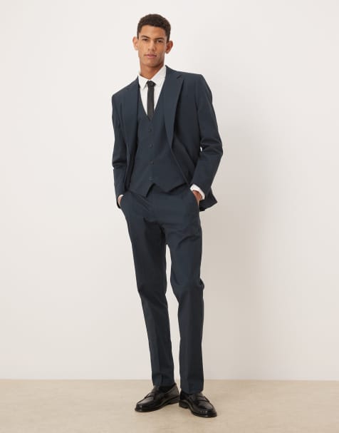 ASOS DESIGN - Marineblå slim-habitbukser med sildebensmønster - view 1