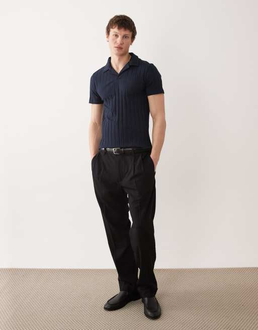 ASOS DESIGN - Marineblå slim-poloskjorte med reverskrave i bred ribstrik  , 2 af 5