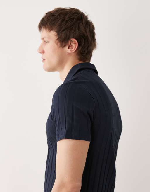 ASOS DESIGN - Marineblå slim-poloskjorte med reverskrave i bred ribstrik  , 4 af 5