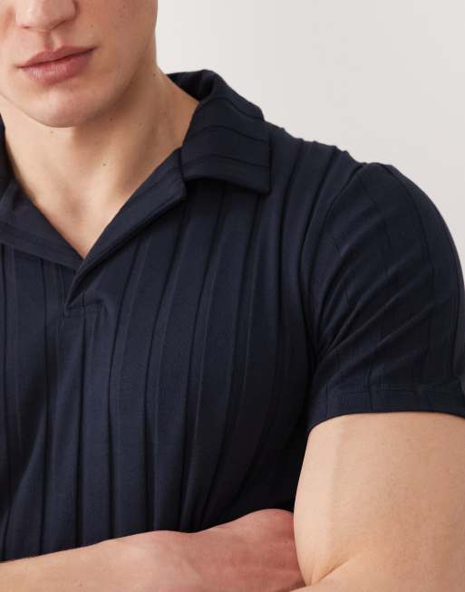 ASOS DESIGN - Marineblå slim-poloskjorte med reverskrave i bred ribstrik  , 5 af 5
