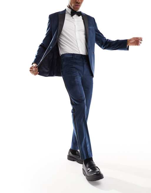 ASOS DESIGN - Marineblå smoking-habitbukser i velour i slim fit, 4 af 5