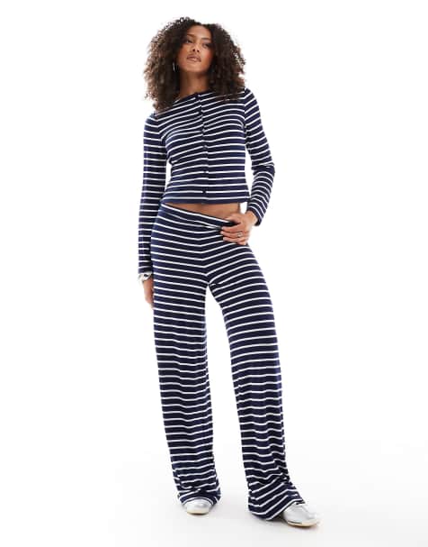 ASOS DESIGN - Marineblå stribede bukser med brede ben - Del af sæt - view 1