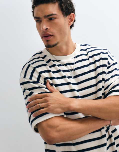 ASOS DESIGN - Marineblå stribet og oversized T-shirt i kraftig frotté med firkantet pasform - view 1