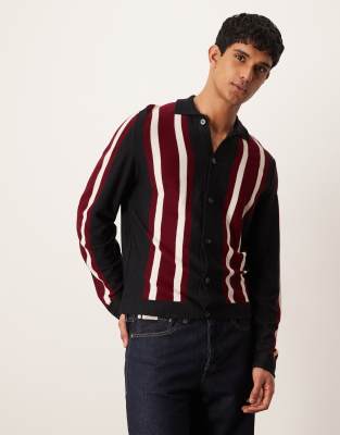 ASOS DESIGN - Marineblå strikket afslappet poloskjorte med knapper og striber - view 1
