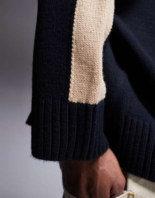 ASOS DESIGN - Marineblå strikket super-oversized trøje med rund hals og ærmestriber, 4 af 4